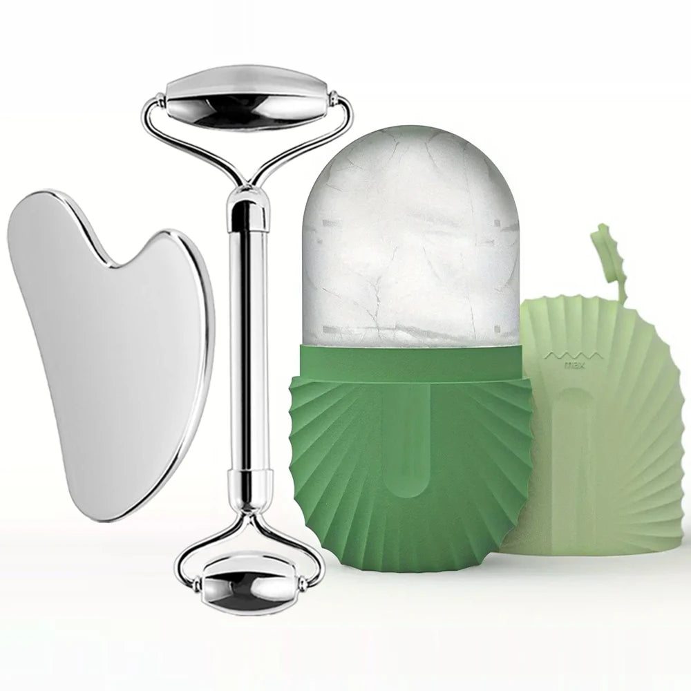 Stainless Steel Ice Roller & Gua Sha Set – Facial Massage Tool for Cooling & Skin Tightening
