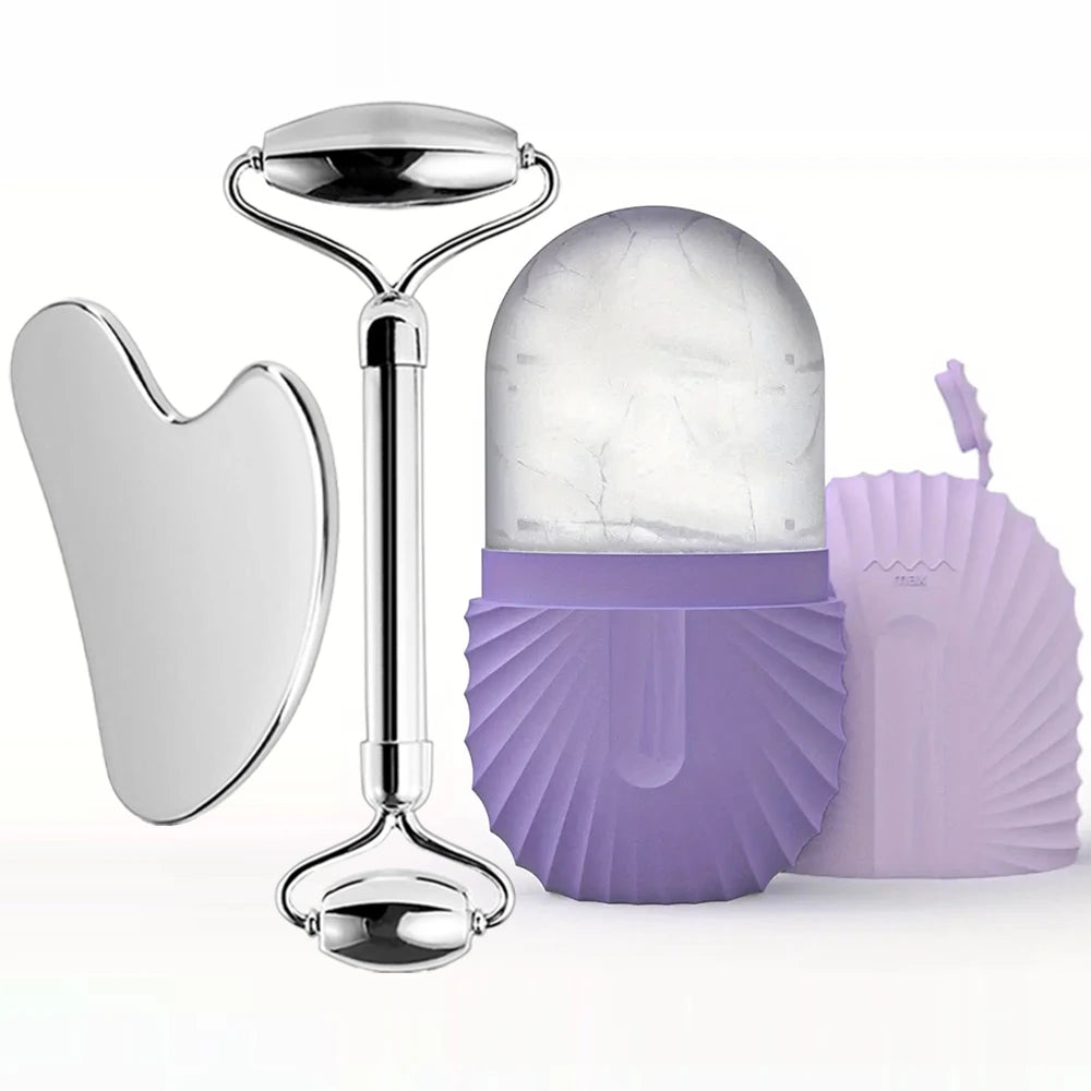 Stainless Steel Ice Roller & Gua Sha Set – Facial Massage Tool for Cooling & Skin Tightening