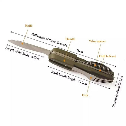 7-in-1 Stainless Steel Camping Utensil Set – Spoon, Fork, Knife & Bottle Opener