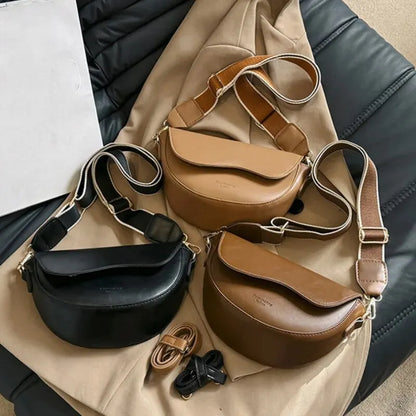 Women’s Vintage PU Leather Crossbody Bag – Small Flap Saddle Shoulder Bag with Wide Strap