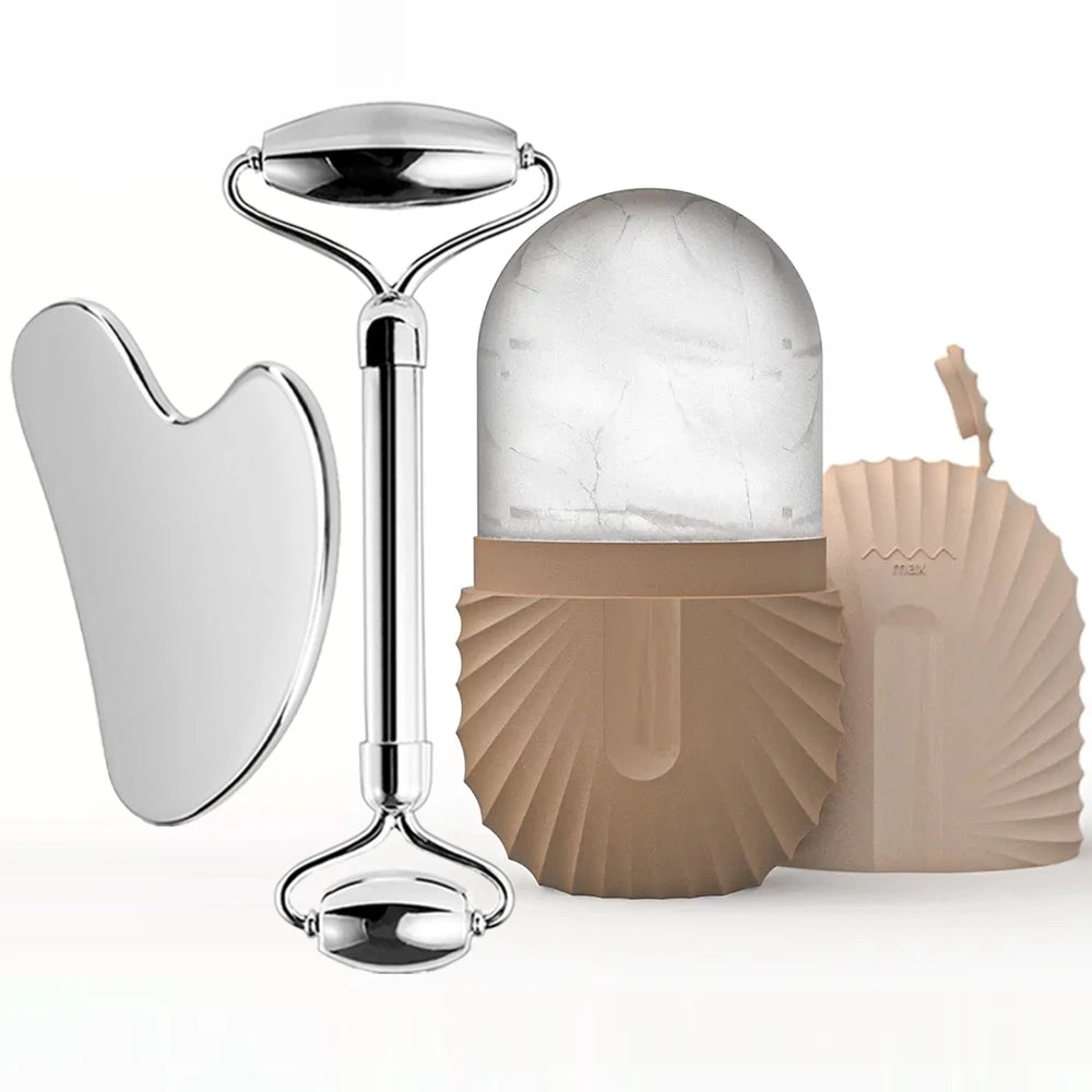 Stainless Steel Ice Roller & Gua Sha Set – Facial Massage Tool for Cooling & Skin Tightening
