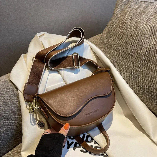 Women’s Vintage PU Leather Crossbody Bag – Small Flap Saddle Shoulder Bag with Wide Strap