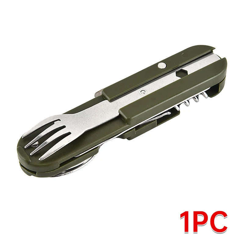 7-in-1 Stainless Steel Camping Utensil Set – Spoon, Fork, Knife & Bottle Opener