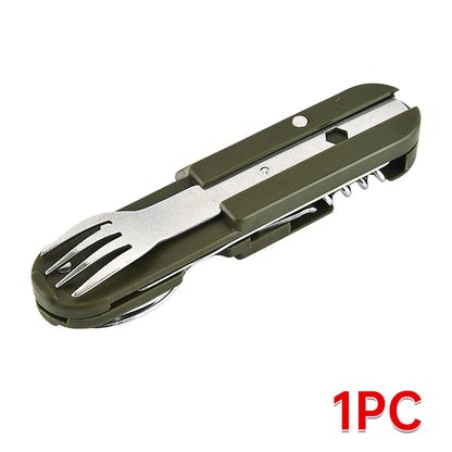 7-in-1 Stainless Steel Camping Utensil Set – Spoon, Fork, Knife & Bottle Opener