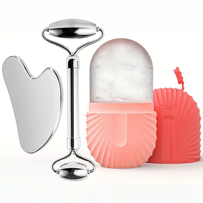 Stainless Steel Ice Roller & Gua Sha Set – Facial Massage Tool for Cooling & Skin Tightening