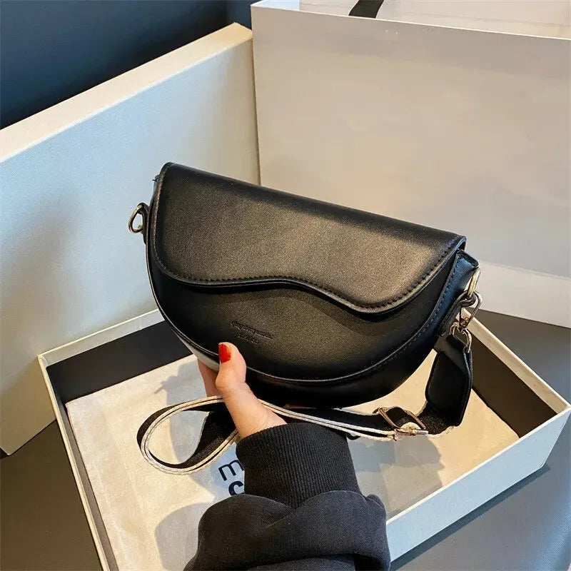 Women’s Vintage PU Leather Crossbody Bag – Small Flap Saddle Shoulder Bag with Wide Strap