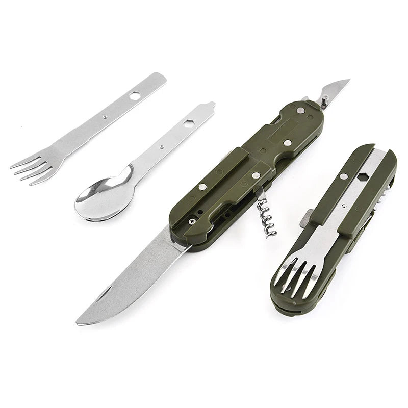 7-in-1 Stainless Steel Camping Utensil Set – Spoon, Fork, Knife & Bottle Opener