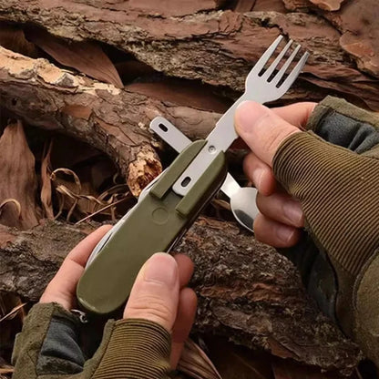 7-in-1 Stainless Steel Camping Utensil Set – Spoon, Fork, Knife & Bottle Opener