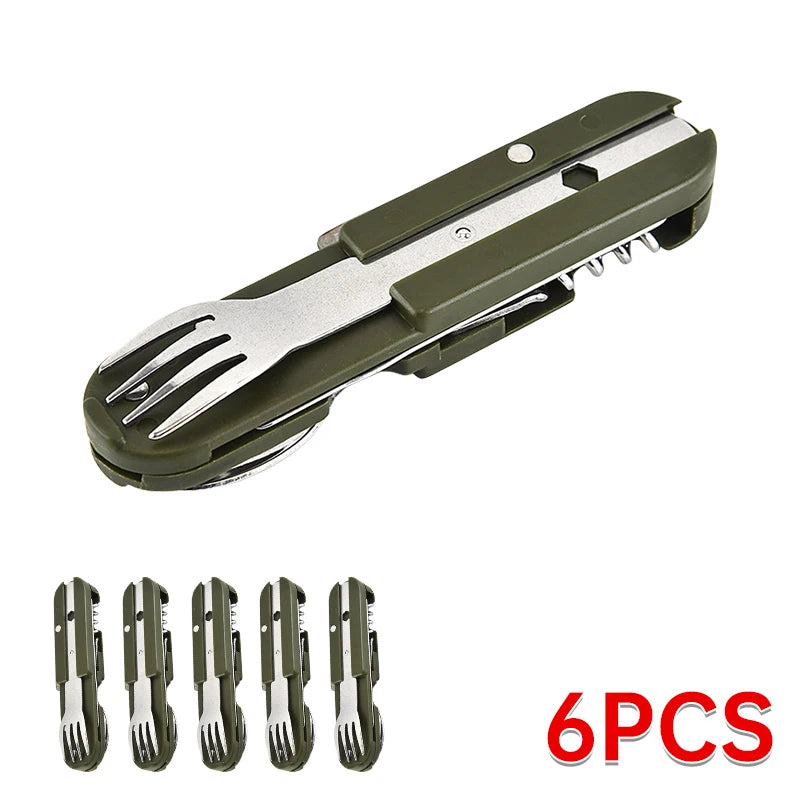 7-in-1 Stainless Steel Camping Utensil Set – Spoon, Fork, Knife & Bottle Opener
