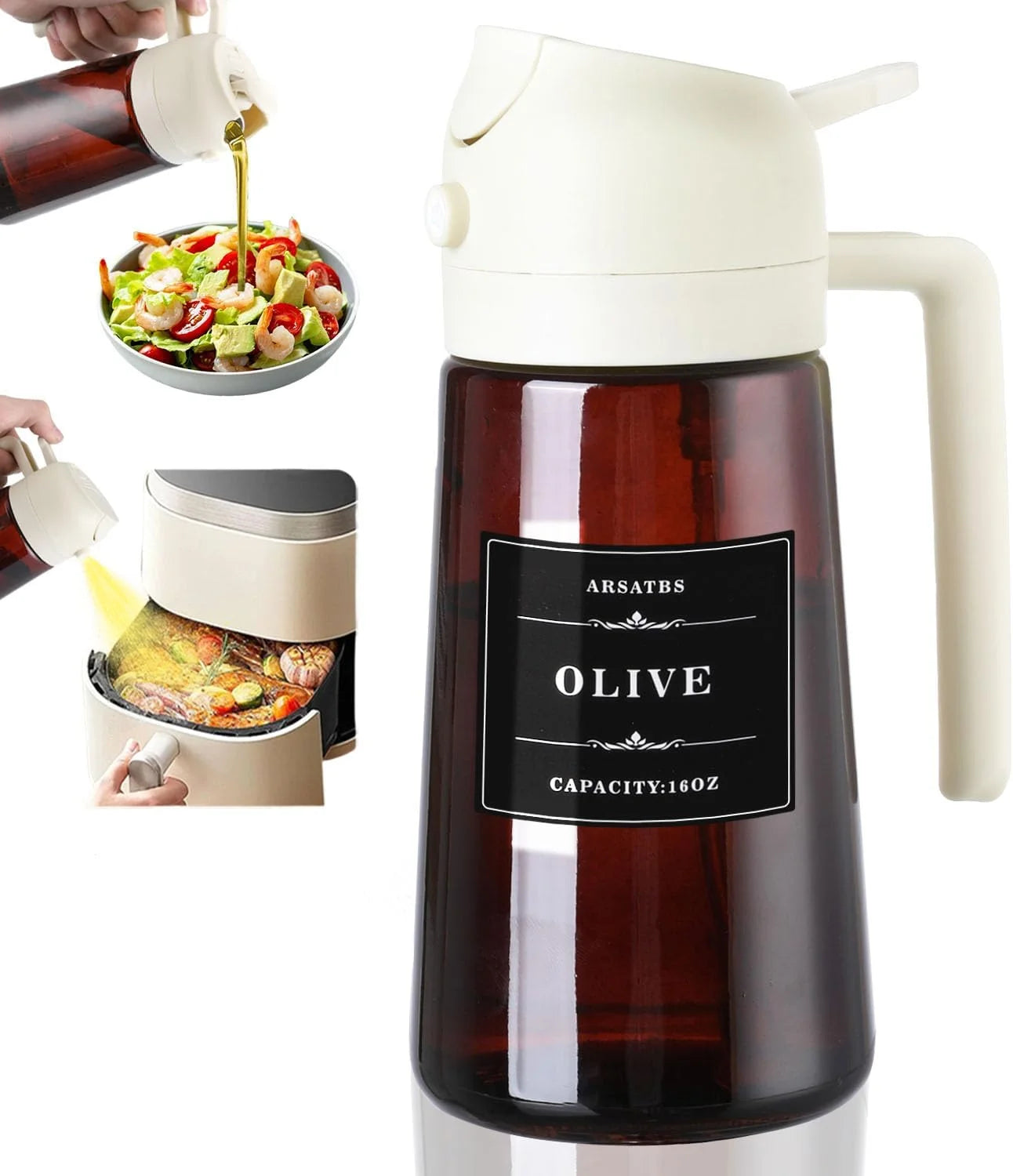 2-in-1 Olive Oil Sprayer & Dispenser – 16oz Glass Leak-Proof Bottle for Cooking & Air Fryer Use