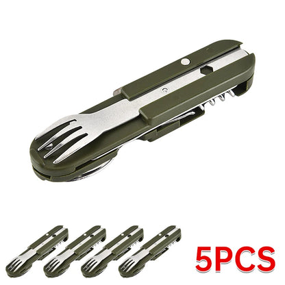 7-in-1 Stainless Steel Camping Utensil Set – Spoon, Fork, Knife & Bottle Opener