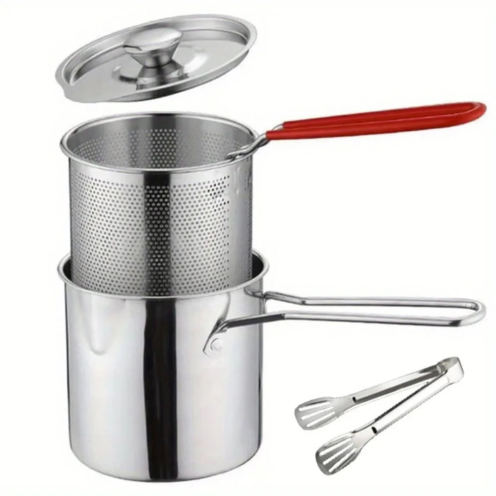 4-Piece Stainless Steel Tempura Fryer Pot – Small Deep Frying Pan with Strainer & Lid