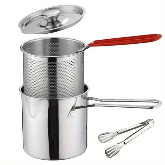 4-Piece Stainless Steel Tempura Fryer Pot – Small Deep Frying Pan with Strainer & Lid