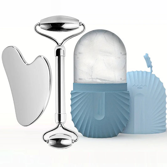 Stainless Steel Ice Roller & Gua Sha Set – Facial Massage Tool for Cooling & Skin Tightening