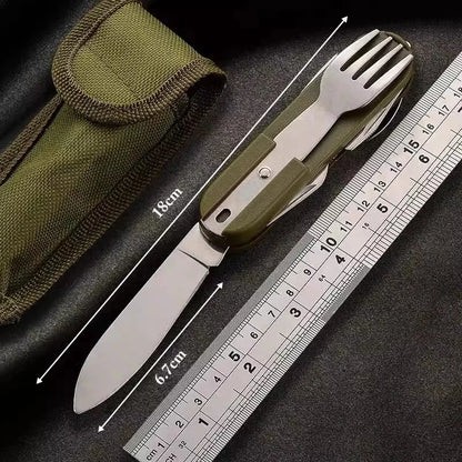 7-in-1 Stainless Steel Camping Utensil Set – Spoon, Fork, Knife & Bottle Opener