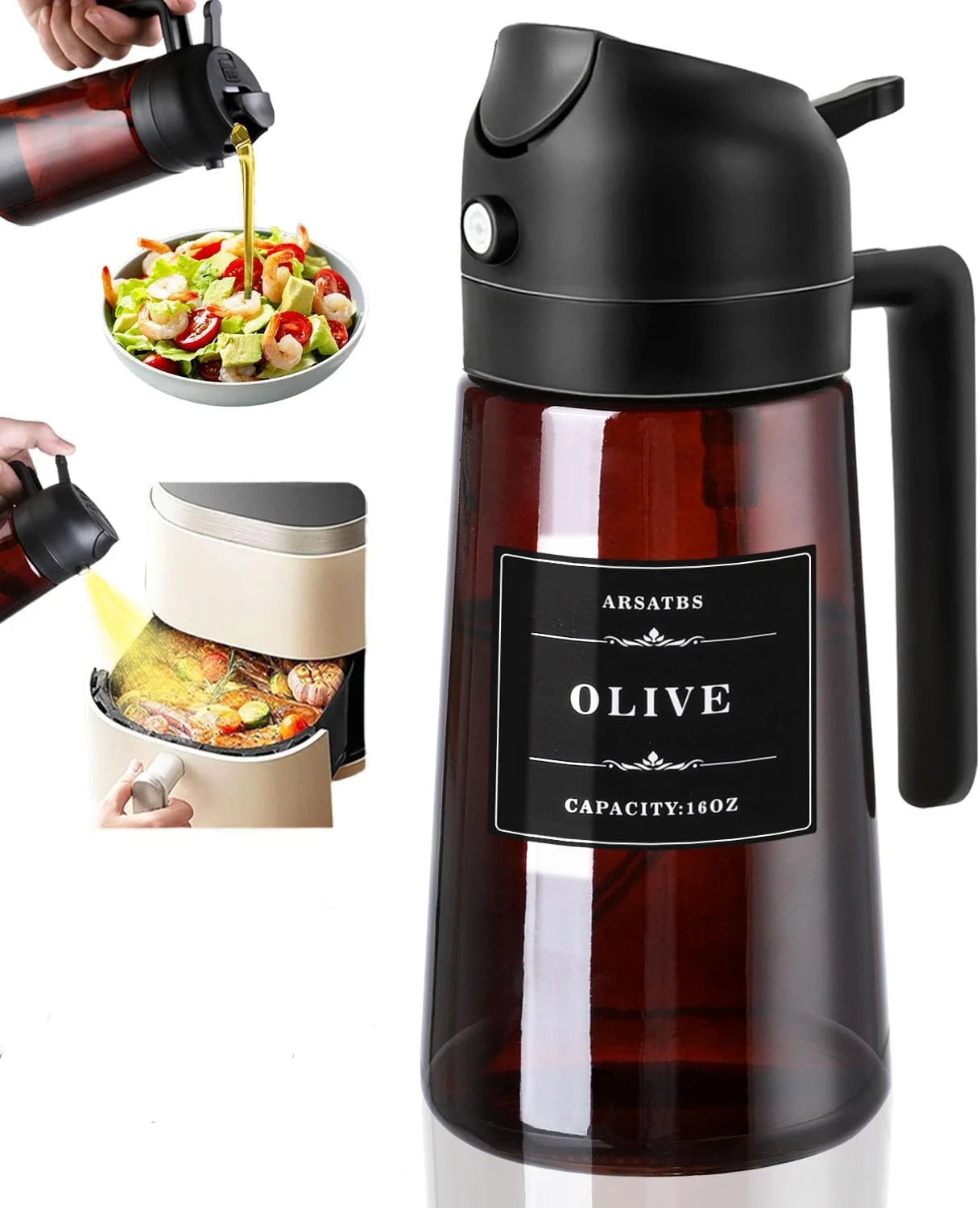 2-in-1 Olive Oil Sprayer & Dispenser – 16oz Glass Leak-Proof Bottle for Cooking & Air Fryer Use