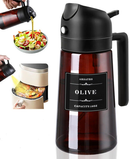 2-in-1 Olive Oil Sprayer & Dispenser – 16oz Glass Leak-Proof Bottle for Cooking & Air Fryer Use