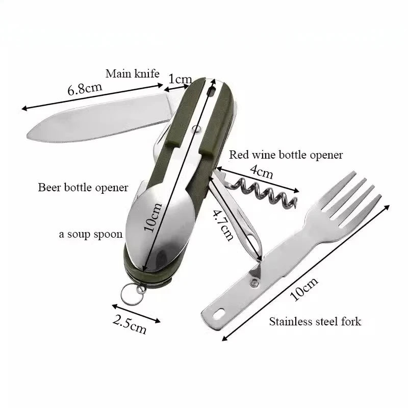 7-in-1 Stainless Steel Camping Utensil Set – Spoon, Fork, Knife & Bottle Opener