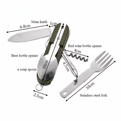 7-in-1 Stainless Steel Camping Utensil Set – Spoon, Fork, Knife & Bottle Opener